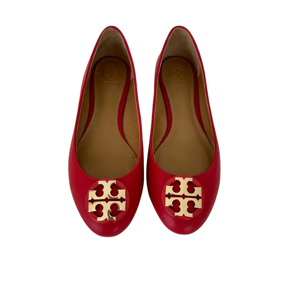 Tory Burch Claire Ballet Flats Round-Toe Brilliant Red Tumbled Leather 7.5M